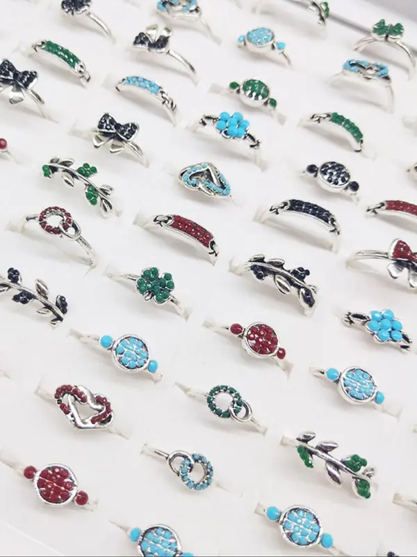 Random Style & Size Vintage Colorful Stone Decorated Ring, Fashion Jewelry for Party, Daily Clothing Decor, Trendy All-match & Exquisite Jewelry for Birthday Gift 4