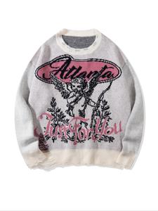 Men's Cartoon Angel & Letter Print Ripped Drop Shoulder Sweater, Loose Casual Long Sleeve Round Neck Jumper for Spring & Fall, Fashion Men's Knitwear for Daily Wear