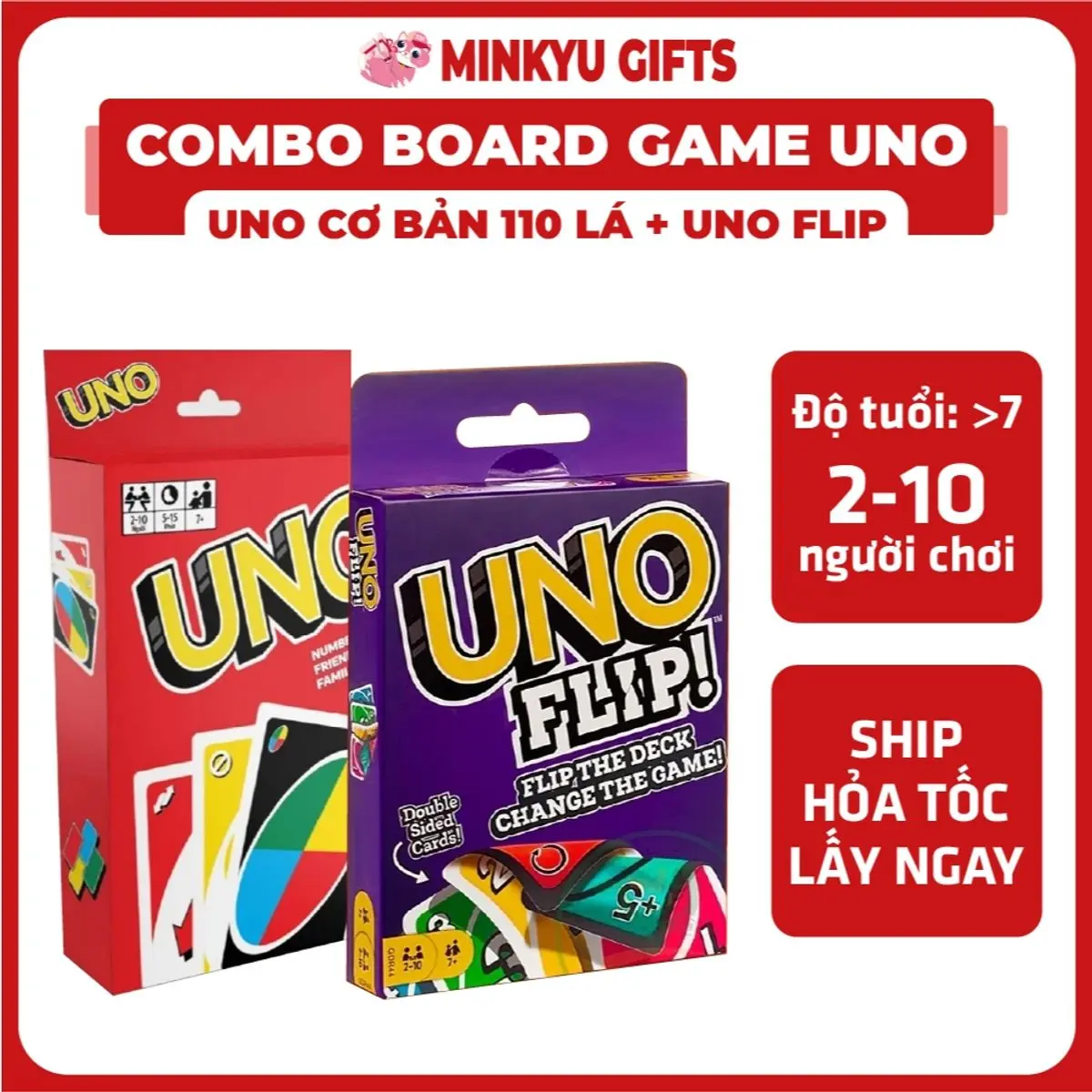 [Tặng Bọc Thẻ] Combo Uno Đỏ + FLIP TÍM, Thiết Kế Nhỏ Gọn, Tụ Tập Vui Chơi Cùng Gia Đình Và bạn Bè