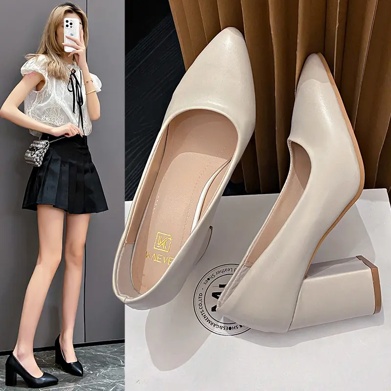 【Panda】Classy New Women's 7 cm Korean Office&School Shoes 3 inch Elegant Pointed Toe Office Leather heels For Women Fashion Student's High heels