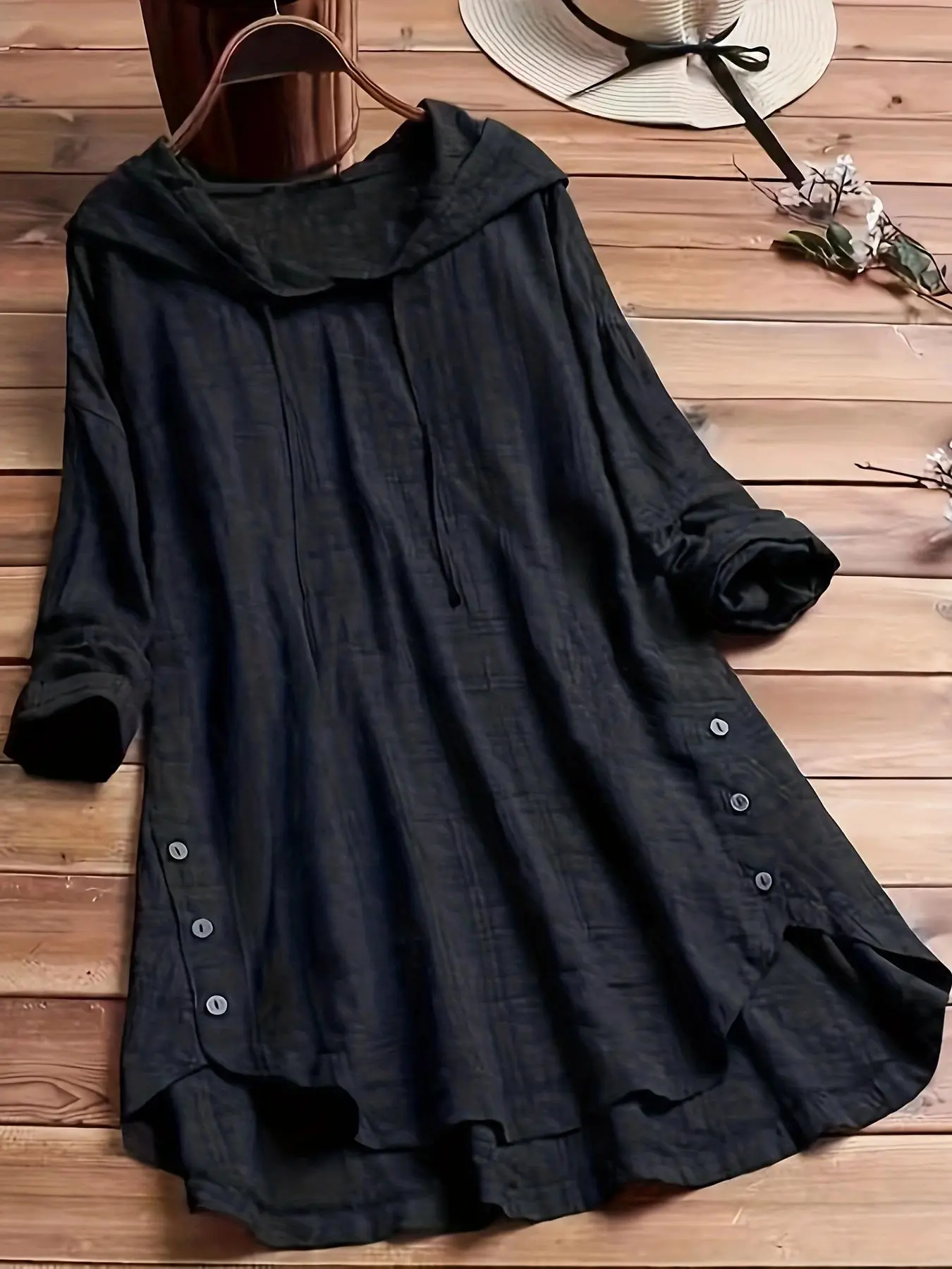 Plus Plaid Print Drawstring Button High Low Hooded Blouse, Casual Drop Shoulder Long Sleeve Top for Spring & Fall, Women's Clothes for Daily Wear