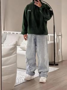 Men's Cross Embroidery Jeans, Loose Casual Comfy Denim Trousers for Daily Wear, Men's Bottoms for All Season, Cotton