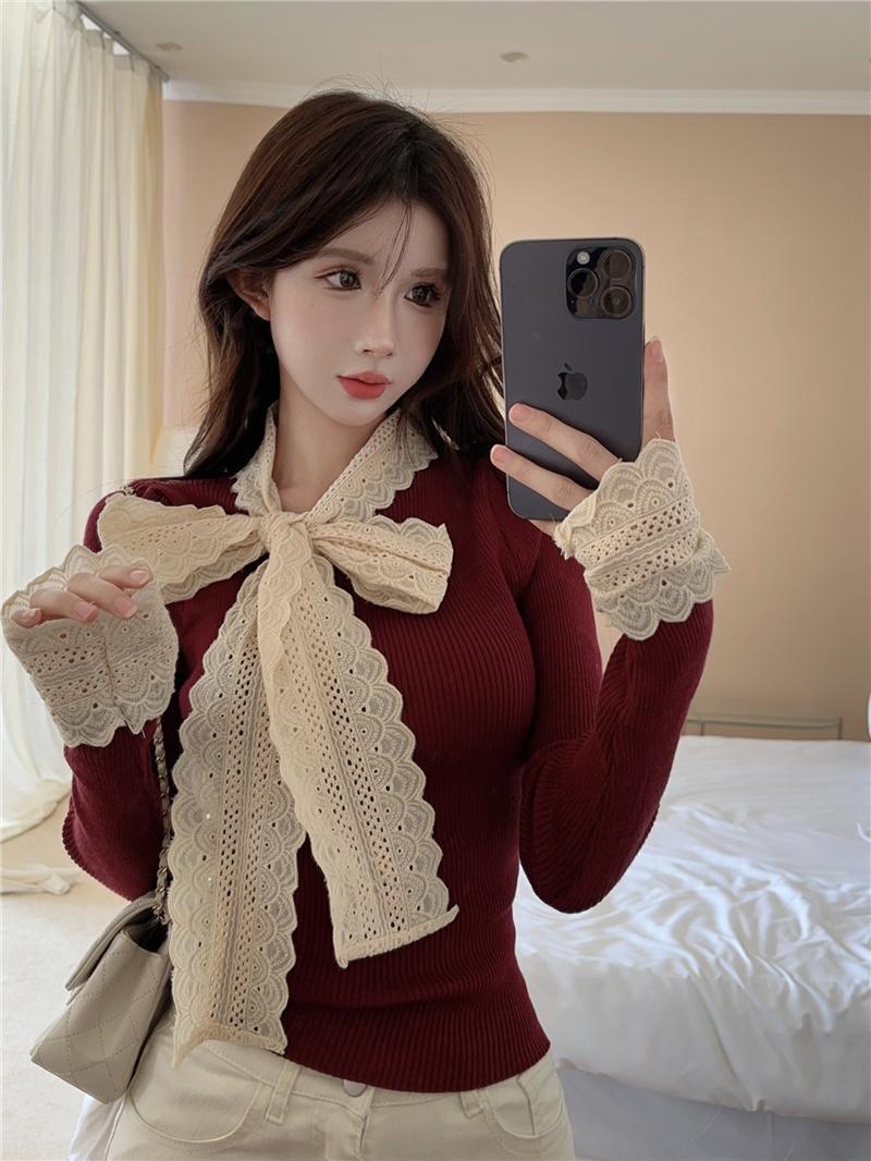 Product Introduction of Áo Len Dệt Kim, Phong Cách Cổ Điển Giáng Sinh, Thiết Kế Thắt Nơ Dành Cho Nữ, Thích Hợp Cho Mùa Thu Và Mùa Đông, Có Lớp Nền Ren, Có Thể Mặc Bên Trong, Áo Tay Phồng Áo Màu Đỏ Giáng Sinh 3