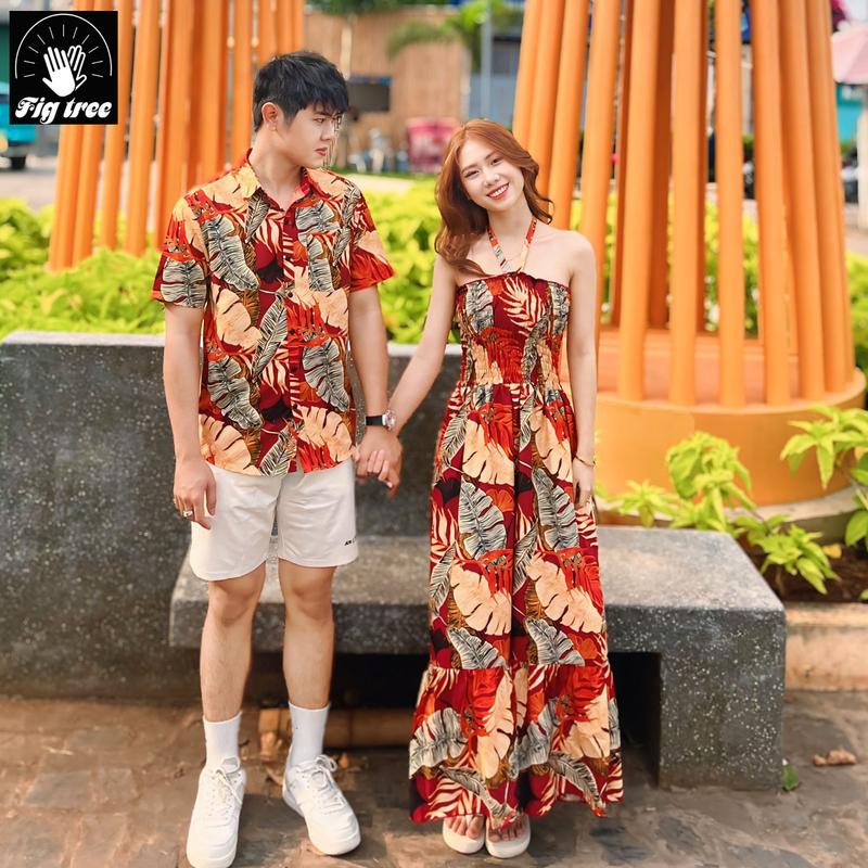 Đồ Đôi Fig Tree Giá Lẻ 1 sp - Áo Sơ Mi Nam Và Đầm Maxi cho nữ Họa Tiết Hoa Lá Đỏ Mã Số 180 Chất Kate Thái Mịn Mát Thích Hợp đi du lịch.