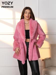 YOZY Women's Solid Color Belted Waterfall Collar Faux Fur Jacket, Casual Long Sleeve Pocket Design Fuzzy Coat for Fall & Winter, Women's Clothing for Daily Wear