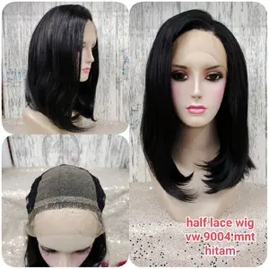 half lace wig rambut palsu wanita pendek 35 cm lurus 9004mnt hitam