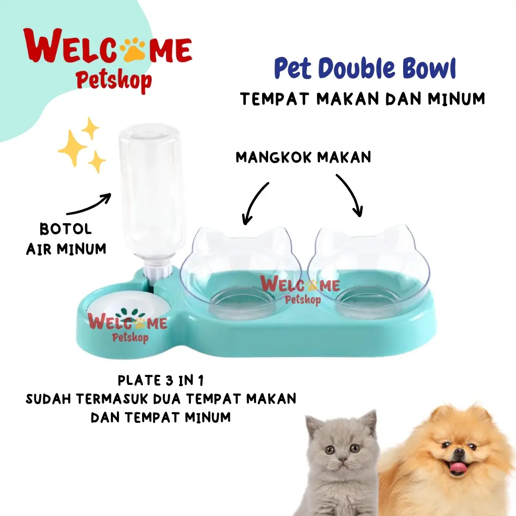 Pet Double Bowl Tempat Makan Minum 3 in 1 Set Anjing Kucing Kelinci
