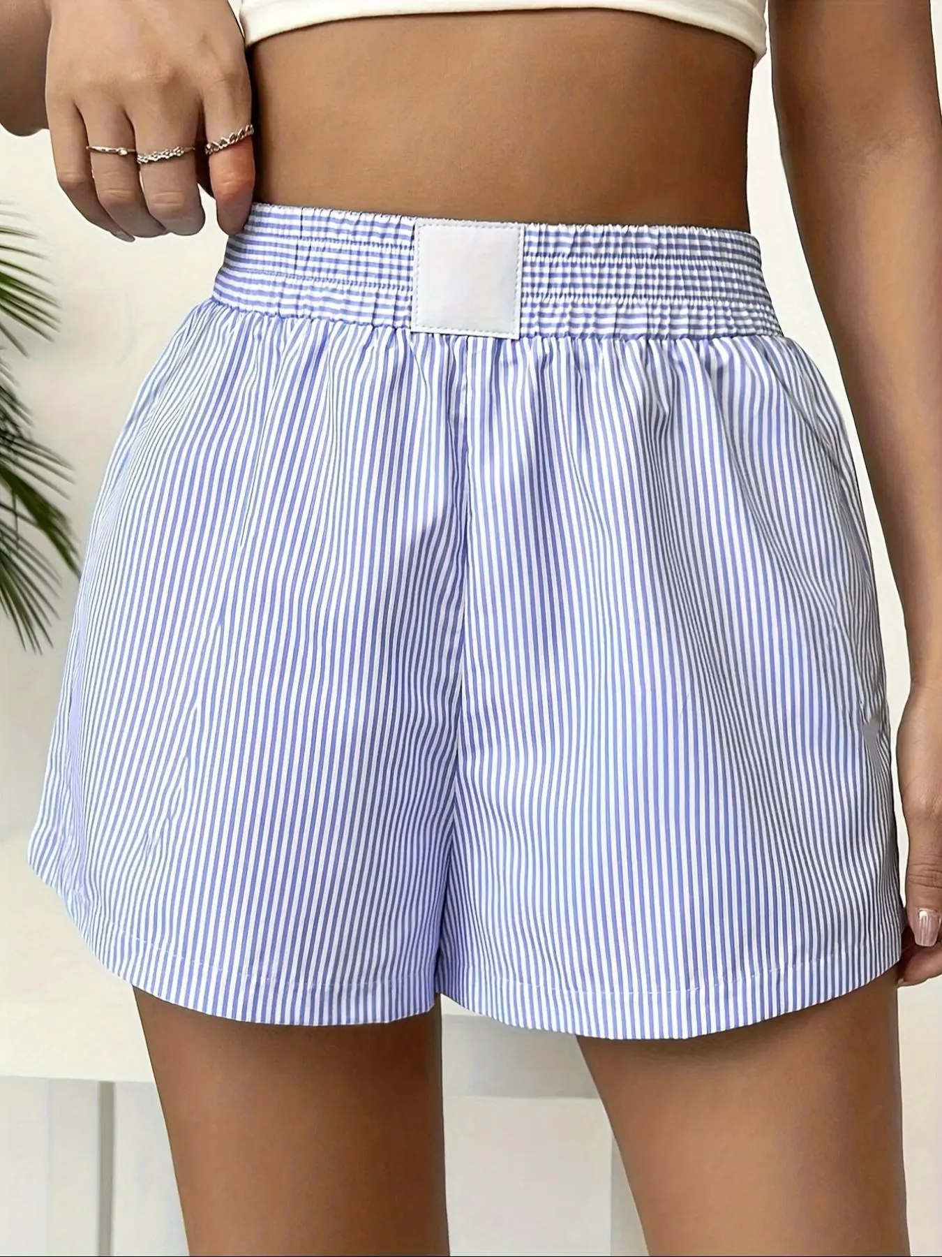 Women's Striped Print Elastic Waist Wide Leg Shorts, Casual High Waist Patched Shorts for Summer, Ladies Bottoms for Daily Wear