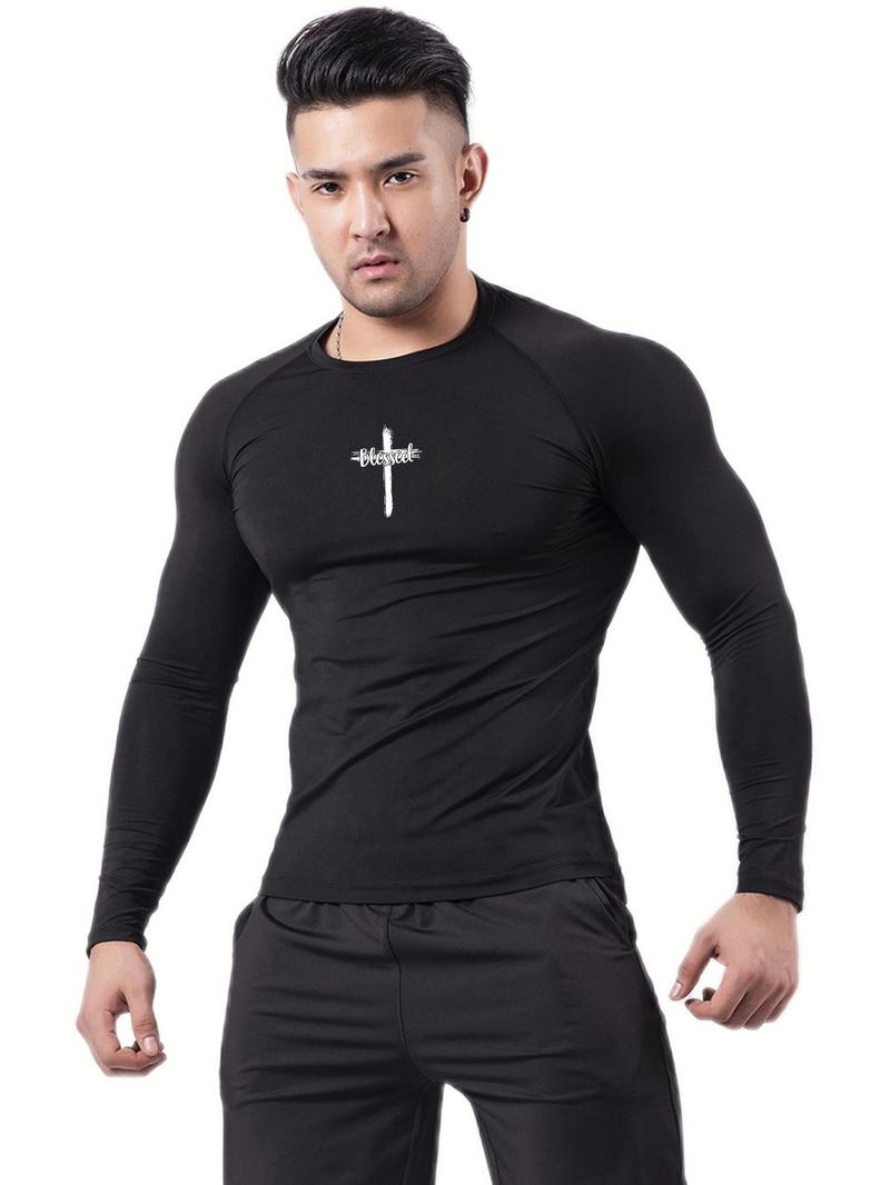 Product Introduction of Men's Cross Print Round Neck Long Sleeve Tee, Breathable Quick Drying T-shirt for Gym Workout Running, Men's Top for Spring & Fall 3