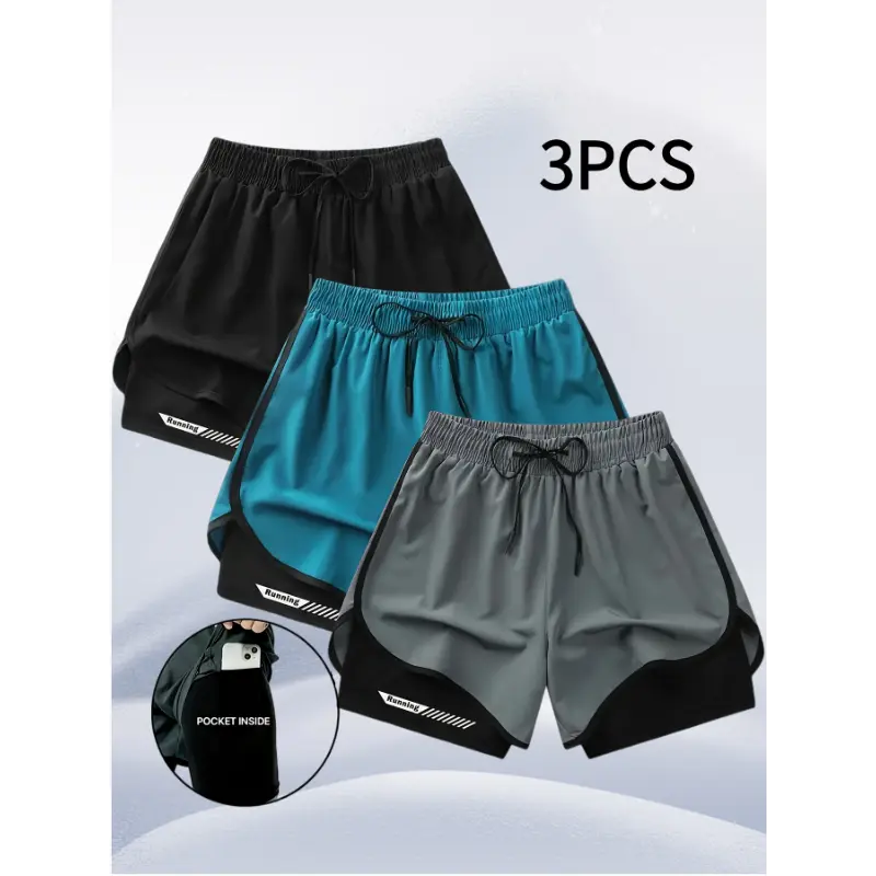 3pcs Men'S Dual-Layer Athletic Shorts with Built-In Bra - Breathable, Quick-Dry Fabric, Pockets for Reflective Wear, Adjustable Drawstring Waist, Perfect for Running, Gym, Basketball, Swimming