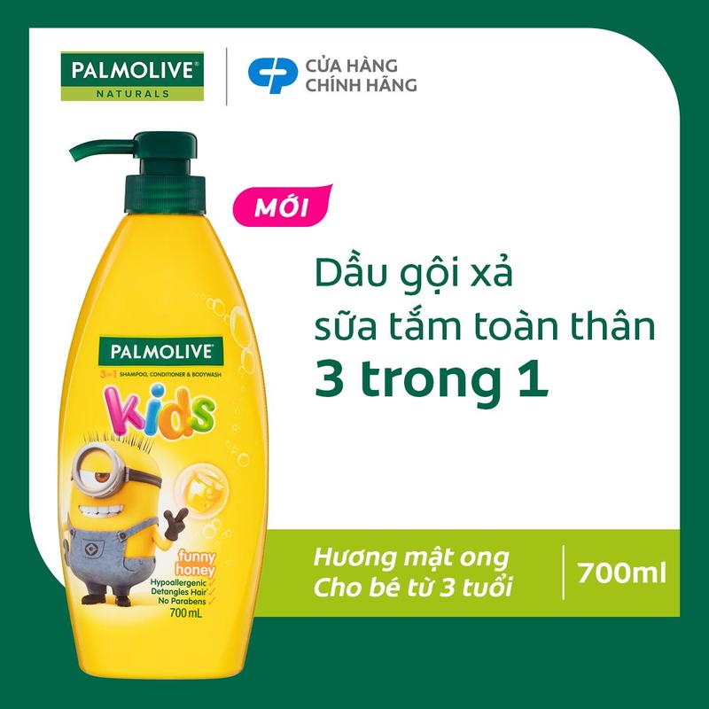 Dầu gội 3 trong 1 Palmolive Kids Minion tắm gội xả toàn thân cho bé từ 3 tuổi, hương mật ong, dịu nhẹ, không kích ứng