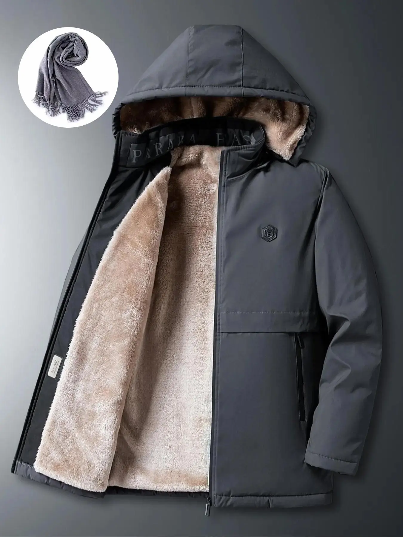 Men's Regular Fit Solid Patched Pocket Zipper Thermal Lined Fleece Jacket with Scarf, Casual Long Sleeve Hooded Outerwear with Scarf for Winter, Men's Clothes for Daily Wear