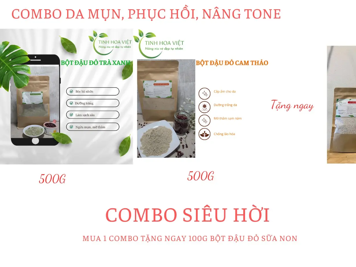 COMBO 3 DA MỤN, PHỤC HỒI, DƯỠNG SÁNG - 500g ột đậu đỏ trà xanh + 500g Đậu đỏ cam thảo.