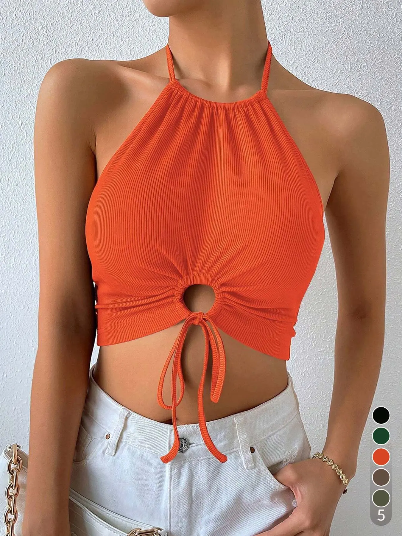 Women's Solid Color Rope Halter Crop Top, Casual Fashion Sleeveless Top for Summer, Women's Clothing for Daily Wear