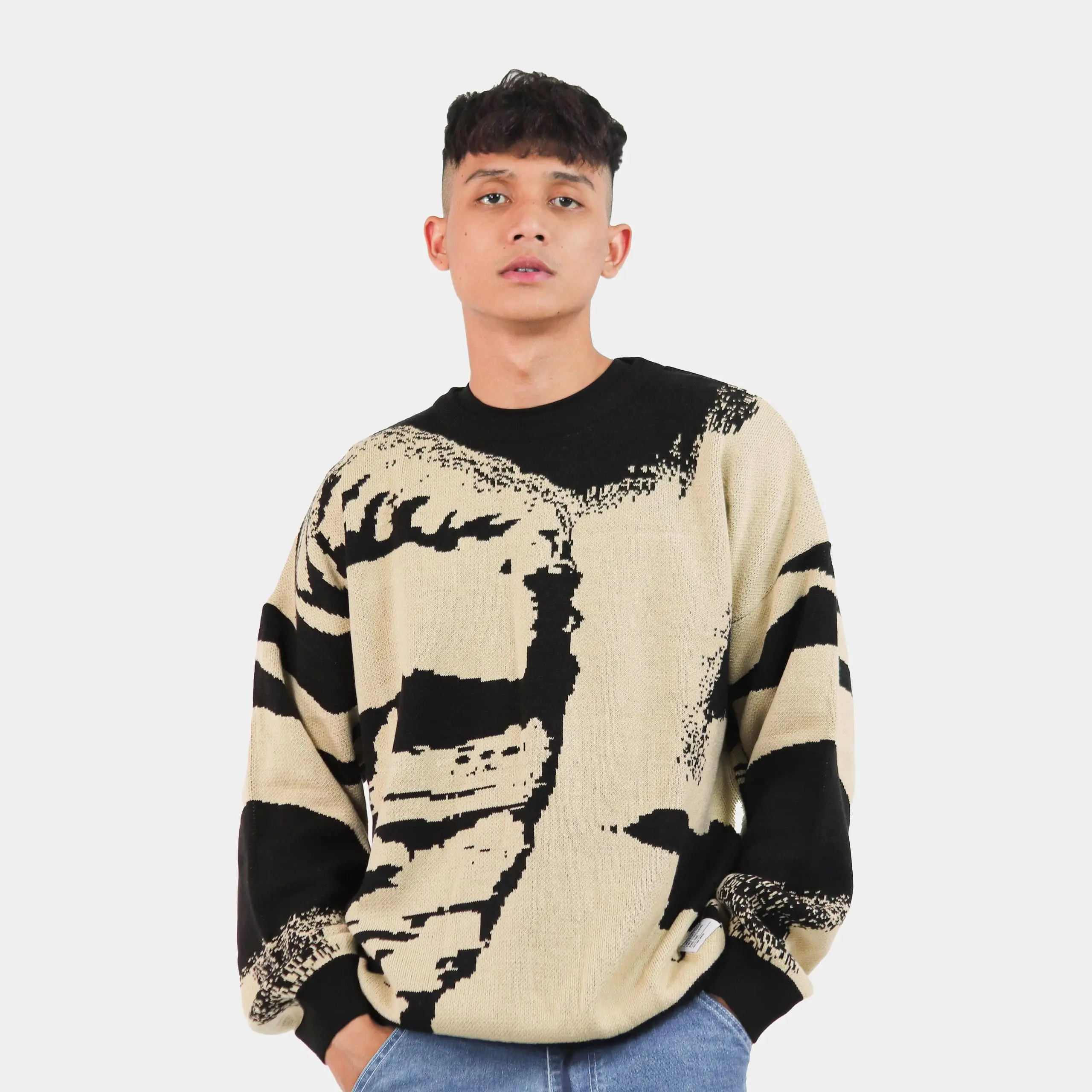 Cosmic Sweater Katun Rajut STATPEX KNITWEAR Sweatshirt Crewneck Pria Kerah Hitam