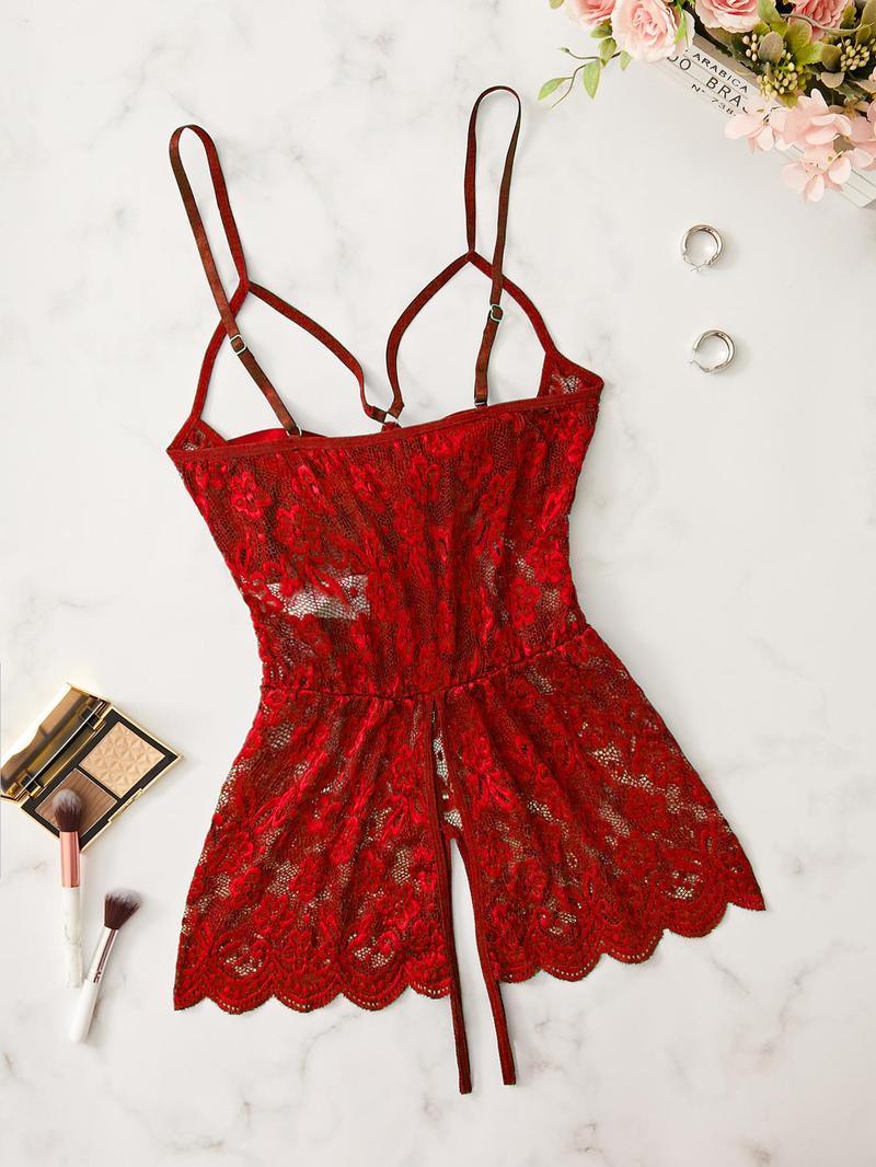 Product Introduction of Women's Floral Lace Bow Decor Sexy Cami Bodysuit, Sleeveless Bodysuit for Daily Wear, Ladies Sexy Lingerie for All Seasons 6