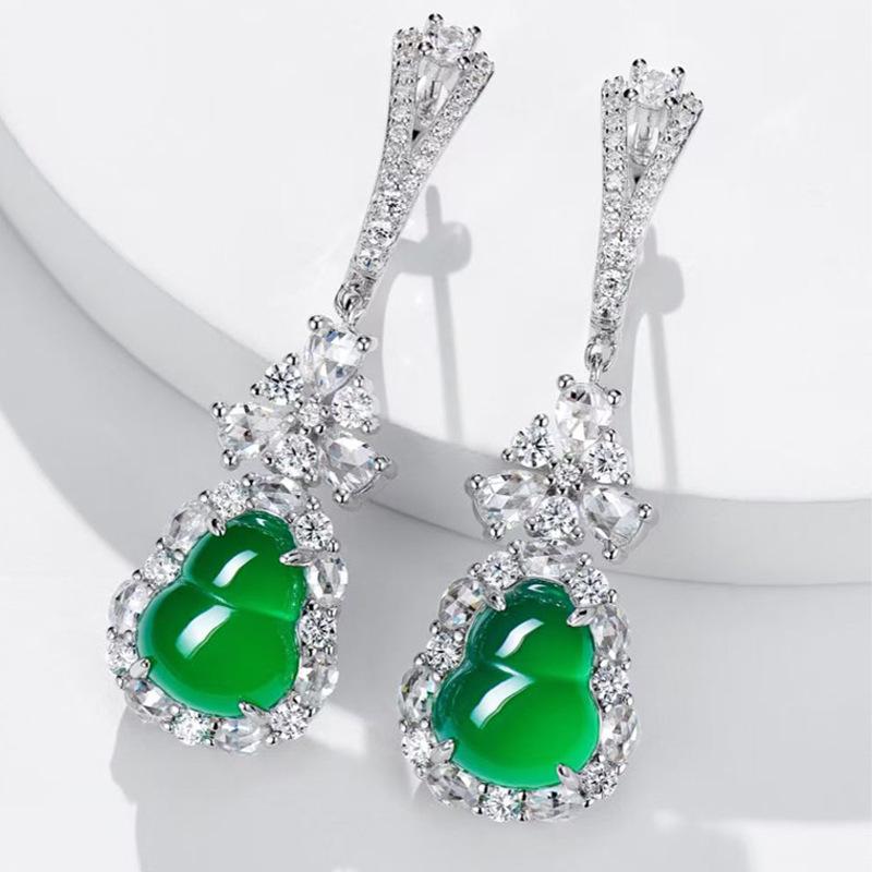 S925 Silver Inlaid Diamond Green Chalcedony Gourd Ear Hook High-Grade Women's Earrings JU8527 3