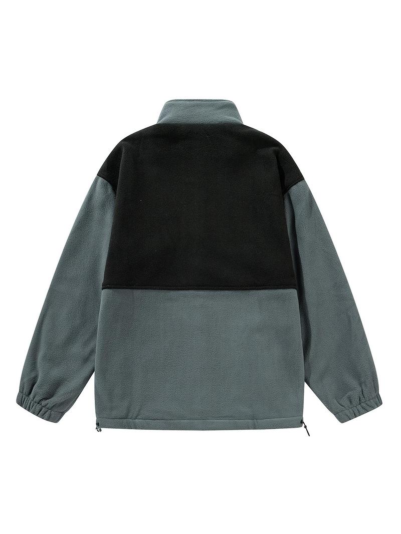 Product Introduction of Men's Colorblock Zip Up Polar Fleece Jacket, Loose Casual Long Sleeve Stand Collar Coat for Fall & Winter, Men's Clothes for Daily Wear 5