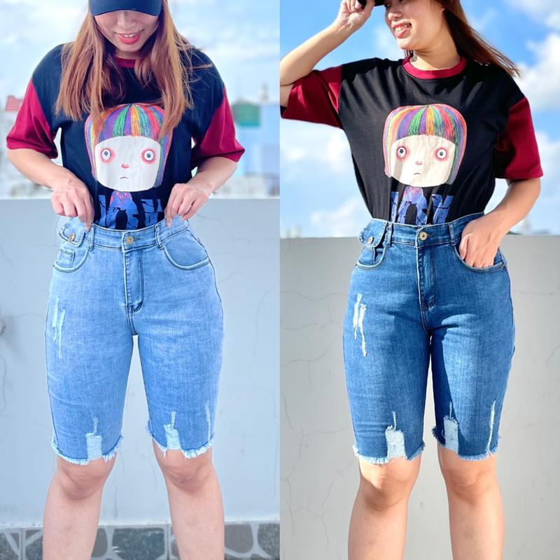 Quần Bò Ngố Lửng Bigsize Lưng Cao, Túi Nắp Nhỏ, Co Dãn Mạnh Rách Xước Kiểu Đẹp Thời Trang 60kg 90kg 4305 Jean Nữ Denim Women Pants quần  short dài quần  short ngắn đến đùi đầu gối Có Túi quần  rin