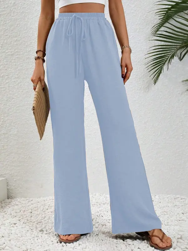 Women's Solid Color Pocket Wideleg Pants, Casual Loose Comfy Drawstring Waist Trousers for Summer, Women's Bottoms for Daily Wear, Womenswear, Wide Legged Pants, Casual Chic Bottoms, Casual Fashion Trousers 6