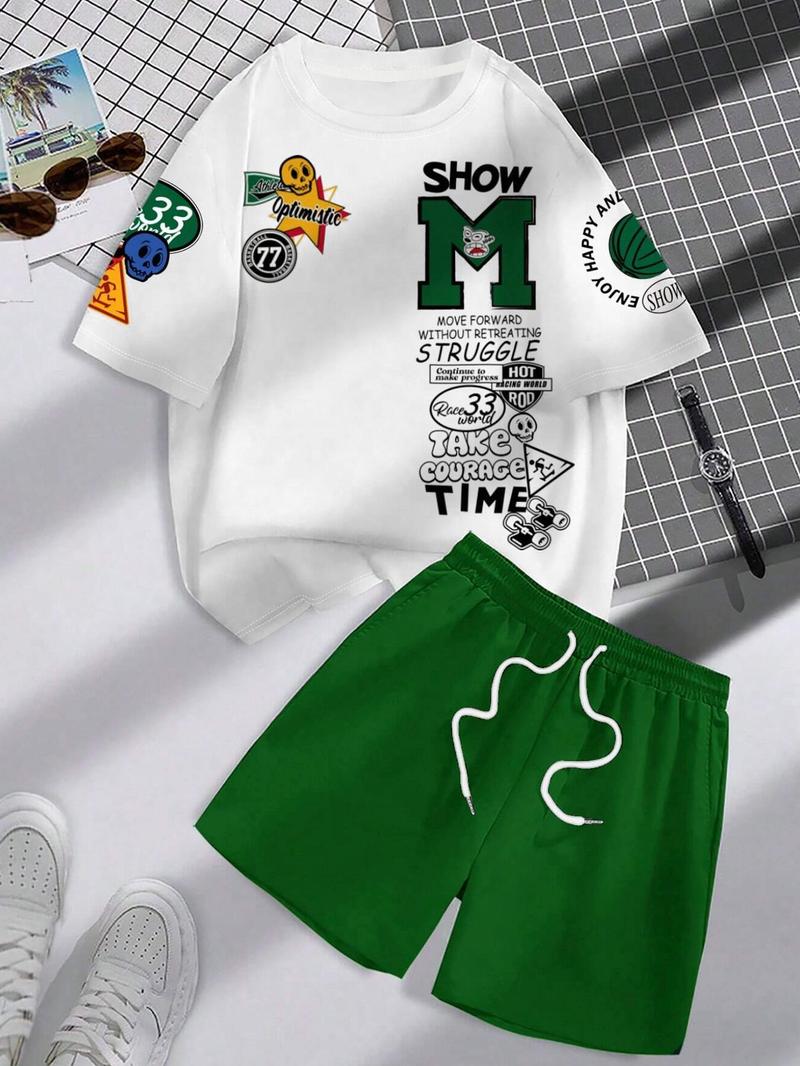 Product Introduction of Men's Letter Print Short Sleeve Tee & Shorts Two-piece Set, Regular Fit Round Neck T-shirt & Track Shorts, Casual Fashion Cozy Breathable Men Two-piece Outfits for All Seasons 1