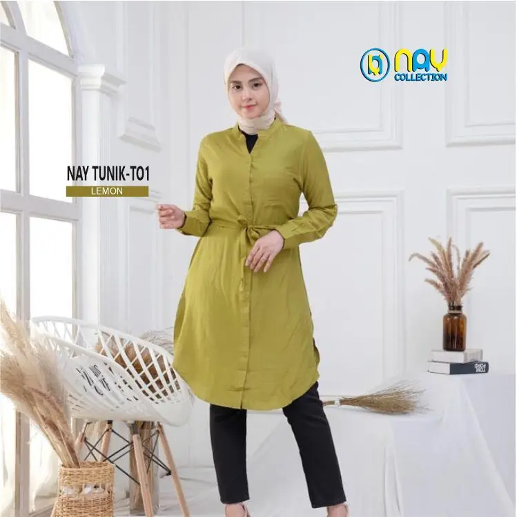 NAY TUNIK-T01 Baju Atasan Wanita Muslimah Tunik Polos Polo Linen Kancing Panjang Katun Rayon Oversize Simple Basic 4