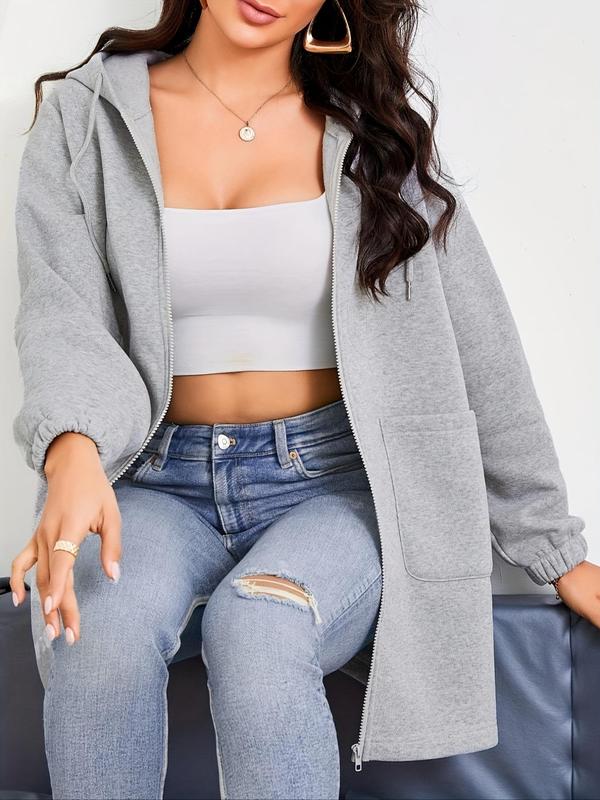 Women's Plain Drawstring Pocket Zip Up Thermal Lined Hoodie, Casual Drop Shoulder Long Sleeve Hooded Sweatshirt for Daily Wear, Ladies Clothes for All Seasons 2