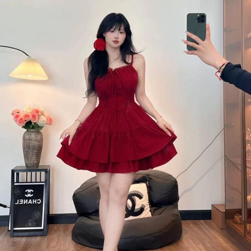 Có Bigsize Đầm Hai Dây 3 Tâng Dáng Xòe Phong Cách Tiểu Thư Sang Chảnh Có 2 Màu Đỏ Đen Nữ Dress Nhung Women Voan Sen