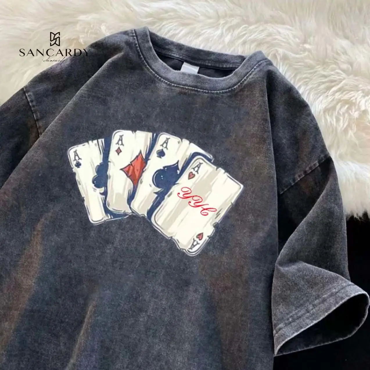 American-Style Retro Washed Distressed 100% Non-Pilling Short-Sleeved T-shirt Men and Women Street Hip-Hop Fashion Ins round Neck Top Menswear Lingerie