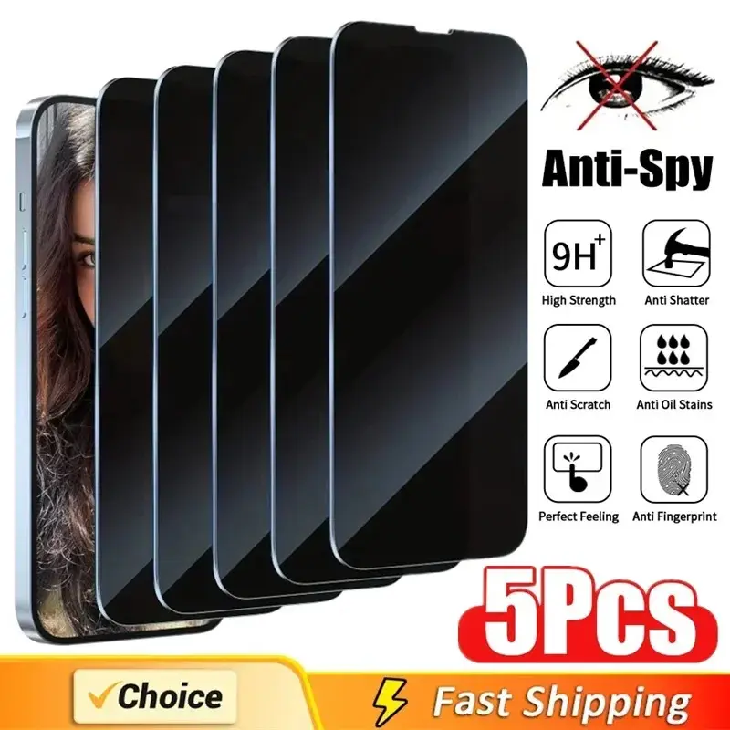 Bảo Vệ Màn Hình Riêng Tư Bao Phủ Toàn Bộ, 5 Chiếc, Dành Cho iPhone 16, 11, 12, 13, 14, Pro Max, Mini, Kính Chống Gián Điệp 8K, Dành Cho iPhone 15 PRO, XR, X, XS MAX Phụ Kiện