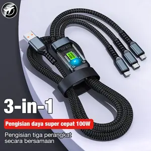 Kabel Fast Charging 100W 3 in 1 USB to Lightning/Micro/Type C Cocok Semua HP iPhone Samsung Xiaomi Supplier Warranty Black