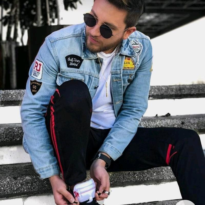 Jaket Jeans Pria Model Tempel Full Bordiran Bahan Denim Leher Kerah Tinggi 2