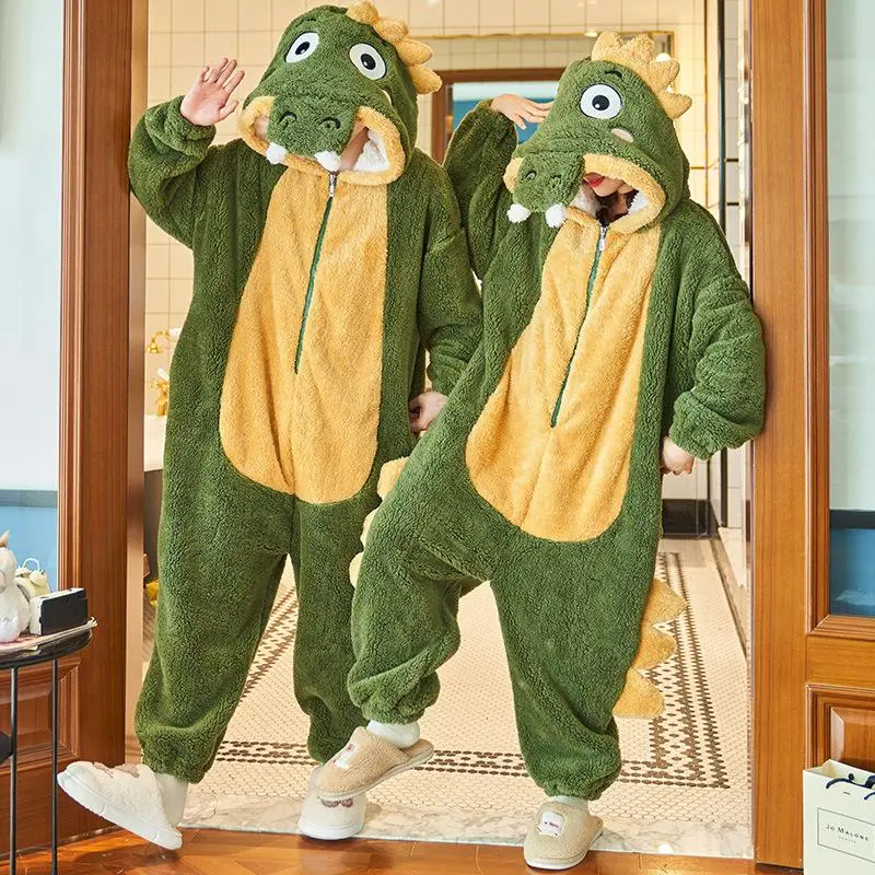 Cute Dinosaur Design Flannel Pajamas, 1 Count Casual Comfy Couple Animal Onesie Pajamas, Long Sleeve Hooded Pajamas for Indoor Outdoor Wear, Clothes