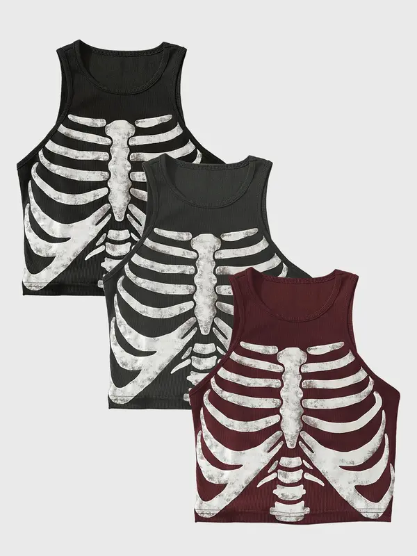 Women's Skeleton Print Round Neck Tank Top, Summer Clothes Women, Fashion Casual Crew Neck Sleeveless Top For Daily Holiday Vacation, Ladies Summer Clothes 4