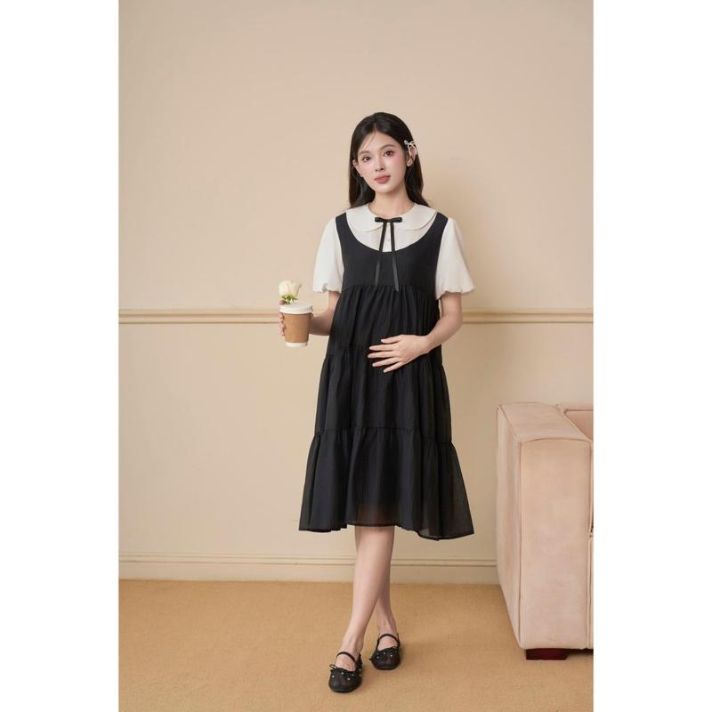 [NEW THÁNG 8] Đầm Váy Bầu Joamom Baby Doll Giả Yếm Cổ Sen Phối Màu Dáng Dài Dễ Thương - JTVB169