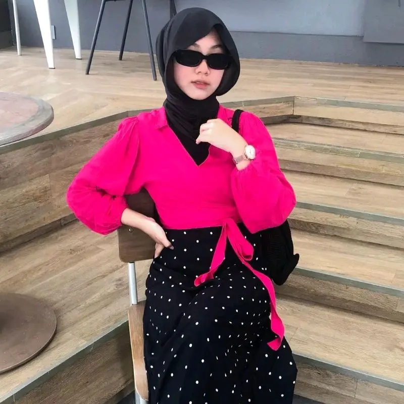 Wrap top atasan wanita model kimono lengan panjang V-Neck Polos Baju Simple Rayon 3