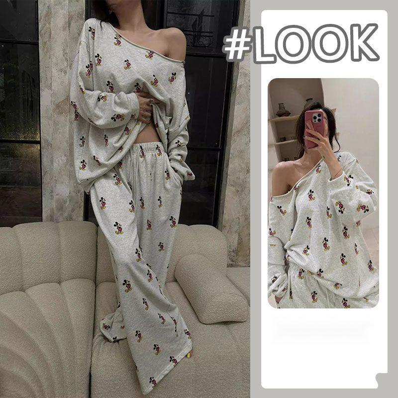 Bộ Đồ Ngủ Mickey, Phong Cách Hàn Quốc, Thiết Kế Đẹp Trễ Vai Dành Cho Nữ, Bộ Đồ Mặc Nhà Mùa Xuân Và Mùa Thu, Quần Dài Tay Đơn Giản, Trang Phục Thường Ngày Hàng Mới Về Nhung Voi Áo