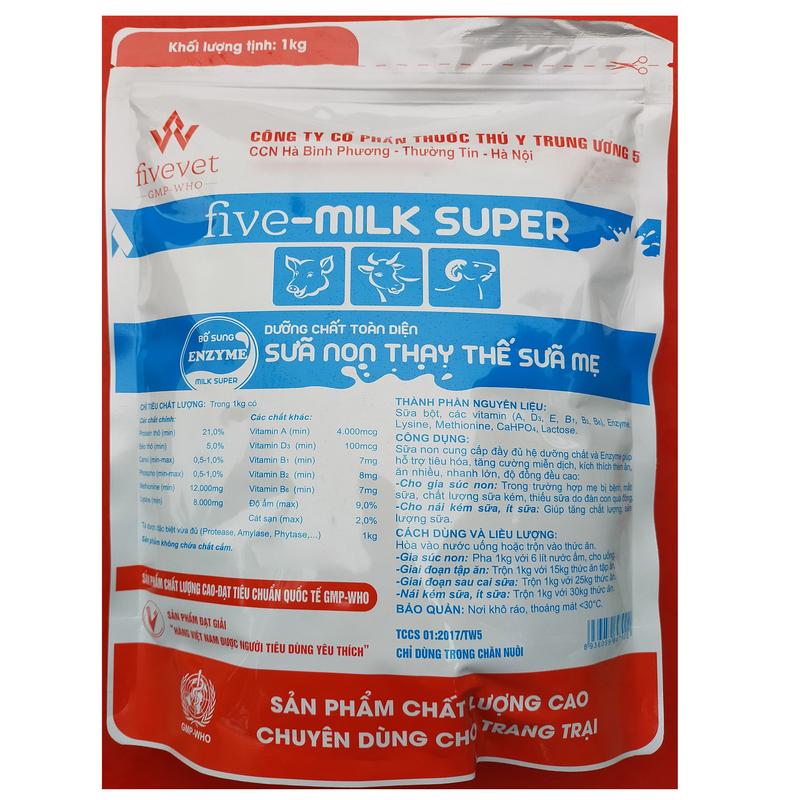 Product Introduction of 1kg FIVE-MILK Super Dạng bột uống Là sữa non thay thế sữa mẹ dinh dưỡng toàn diện, bổ sung men tiêu hóa enzyme - Công ty cổ phần Thú y TW 5 47