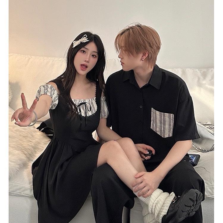 (giá mở bán-bigsize nữ 90kg nam max 100kg) Đen phối sọc dễ thương cho cặp đôi DESTINY COUPLE 2