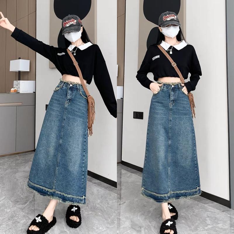 Moli Jeans - Chân Váy jean Dài Cạp Cao Dáng Dài Tua Rua BigSize 55-90kg Rẻ Đẹp Xẻ Sau Phom chữ A Siêu Dài 80cm 0028 Nữ Denim Women Cotton chânváy bò dánglửng a-line skirts