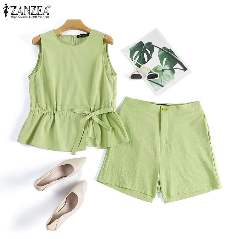 ZANZEA Women's 2pcs Sets Sleeveless O-Neck Drawstring Waist Vest Tank Wide Leg Short Cotton Linen Suit