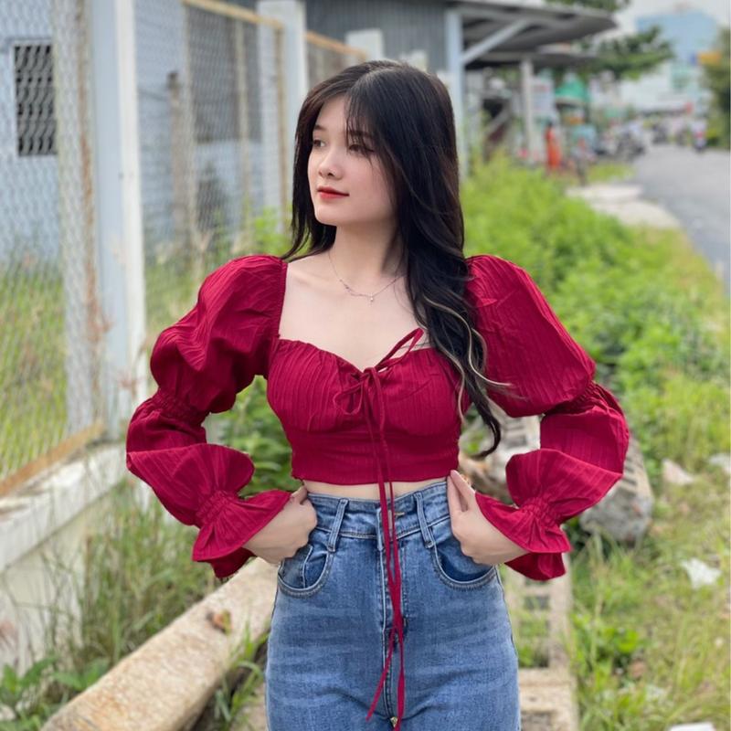 Áo kiểu nữ tay bồng có mút ngực ,áo kiểu cổ vuông , áo kiểu bánh bèo cổ yếm hàng loại 1 PLA100 ( hình thật shop tự quay)