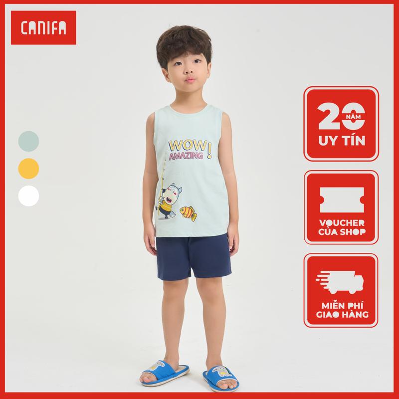 Bộ quần áo bé trai CANIFA áo in nhân vật Wolfoo chất liệu cotton USA thoáng mát 2LS24S013