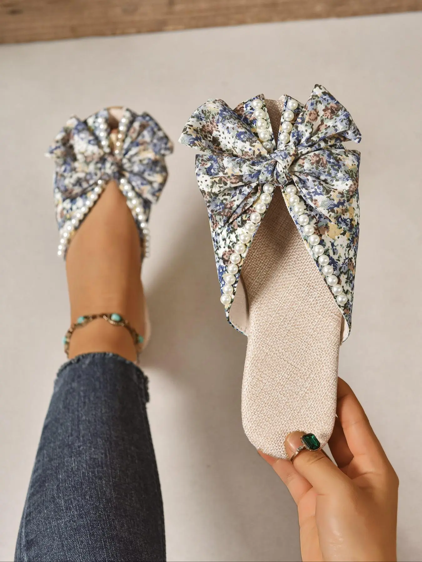 Women's Ditsy Floral Print Bowknot Design Slide Sandals, Casual Peep Toe Flat Sandals for Summer, Lightweight Breathable Comfortable Shoes for Daily Wear, Girl