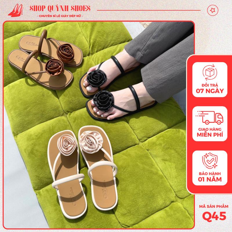 Dép nữ xỏ ngón đính bông hoa 2 quai dây cực xinh, dép lê nữ đế bệt tiểu thư sang chảnh đế TPR da PU - Shop Quỳnh Shoes Q45 DéP