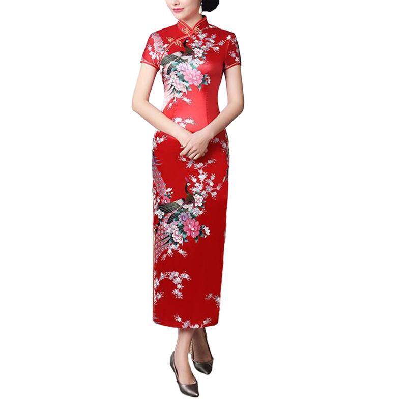 Euyuxan-Váy Phong Cách Quốc Gia Trung Quốc Cho Nữ, In Hoa, Cổ Đứng, Tay Áo Ngắn, Xẻ Tà Bên Cao, Nút Thắt Nút Trung Quốc, Sườn Xám, Satin, Mượt Mà, Vừa Vặn, Mùa Hè, Mùa Xuân, Qipao 4