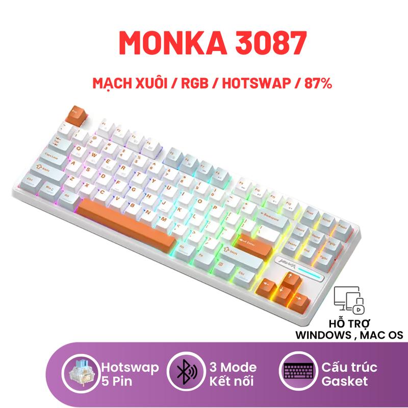  Bàn phím cơ bluetooth không dây MONKA 3087 Led RGB Kết Nối 3 Mode Pin 4000mah Dùng 15 ngày 