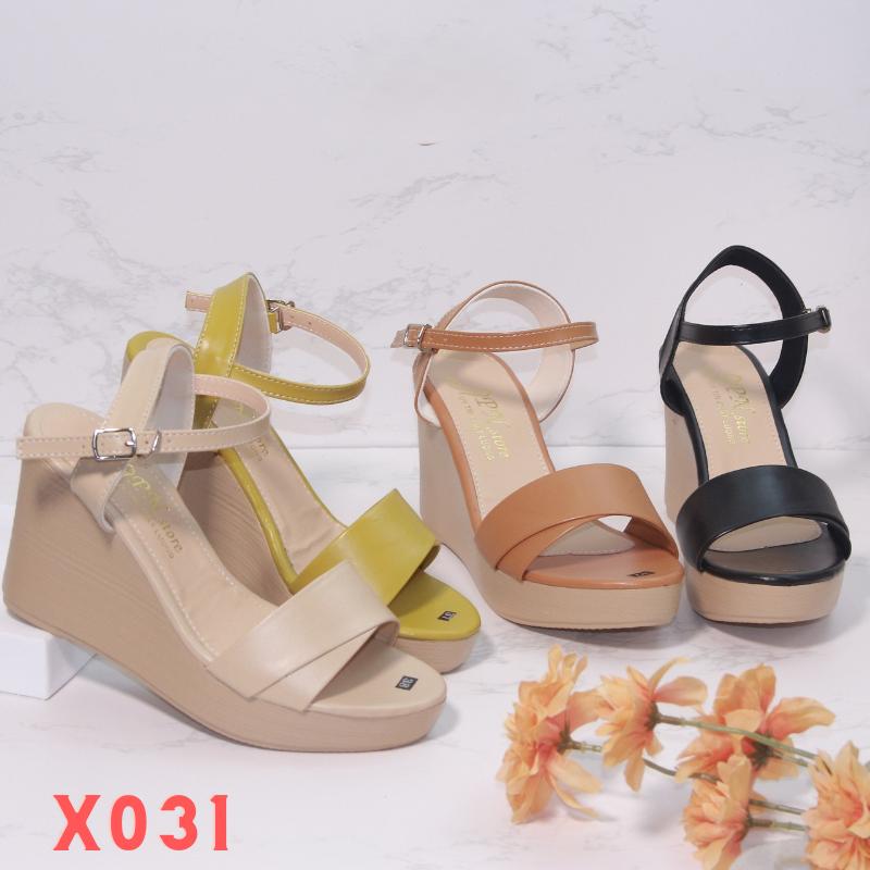  Giày đế xuồng cao gót 9p quai bản xếp 1 góc - X031 Shoes Sandal Nữ DéP Jean 