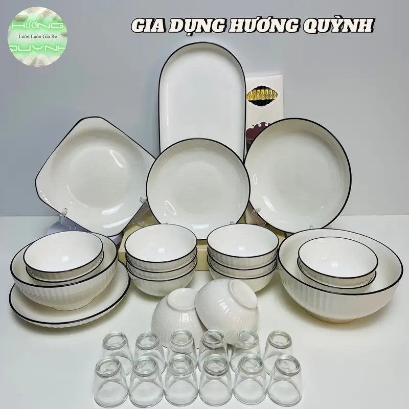 Bộ bát đĩa sọc trắng viền đen, gốm sứ cao cấp