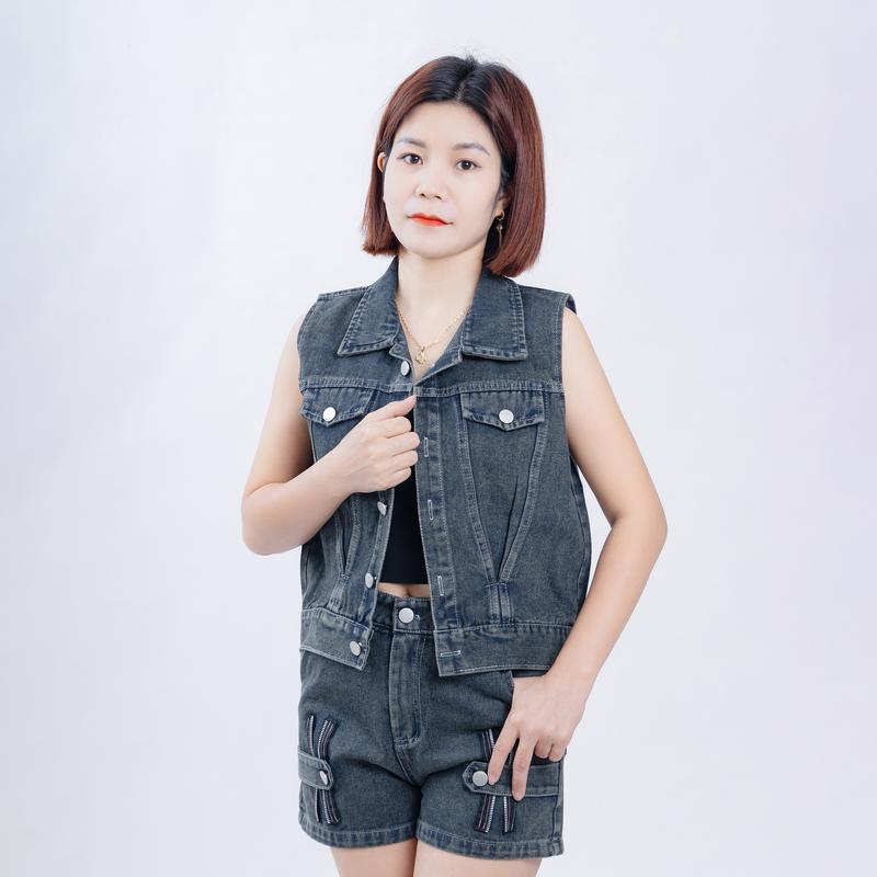 SÉT BỘ JEAN GILE KHÓA áo kiểu croptop mix quần short phối khóa hai bên - MÀU XANH ĐEN
